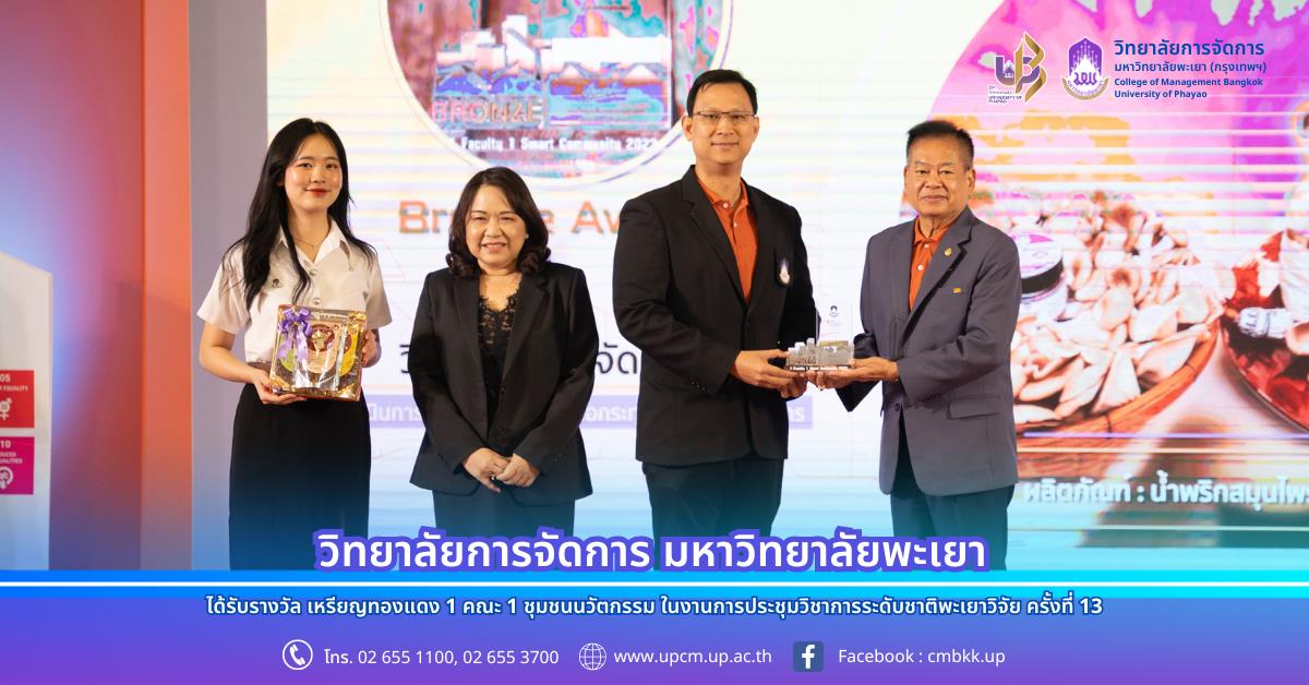 วิทยาลัยการจัดการ ได้รับรางวัล เหรียญทองแดง 1 คณะ 1 ชุมชนนวัตกรรม ในงานการประชุมวิชาการระดับชาติพะเยาวิจัย ครั้งที่ 13